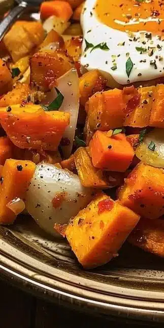 Colorful Sweet Potato Breakfast Hash served in a bowl with eggs and vegetables
