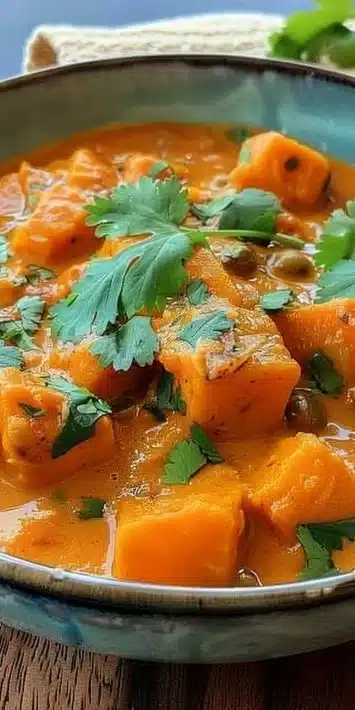 Bowl of sweet potato coconut curry garnished with fresh herbs and spices