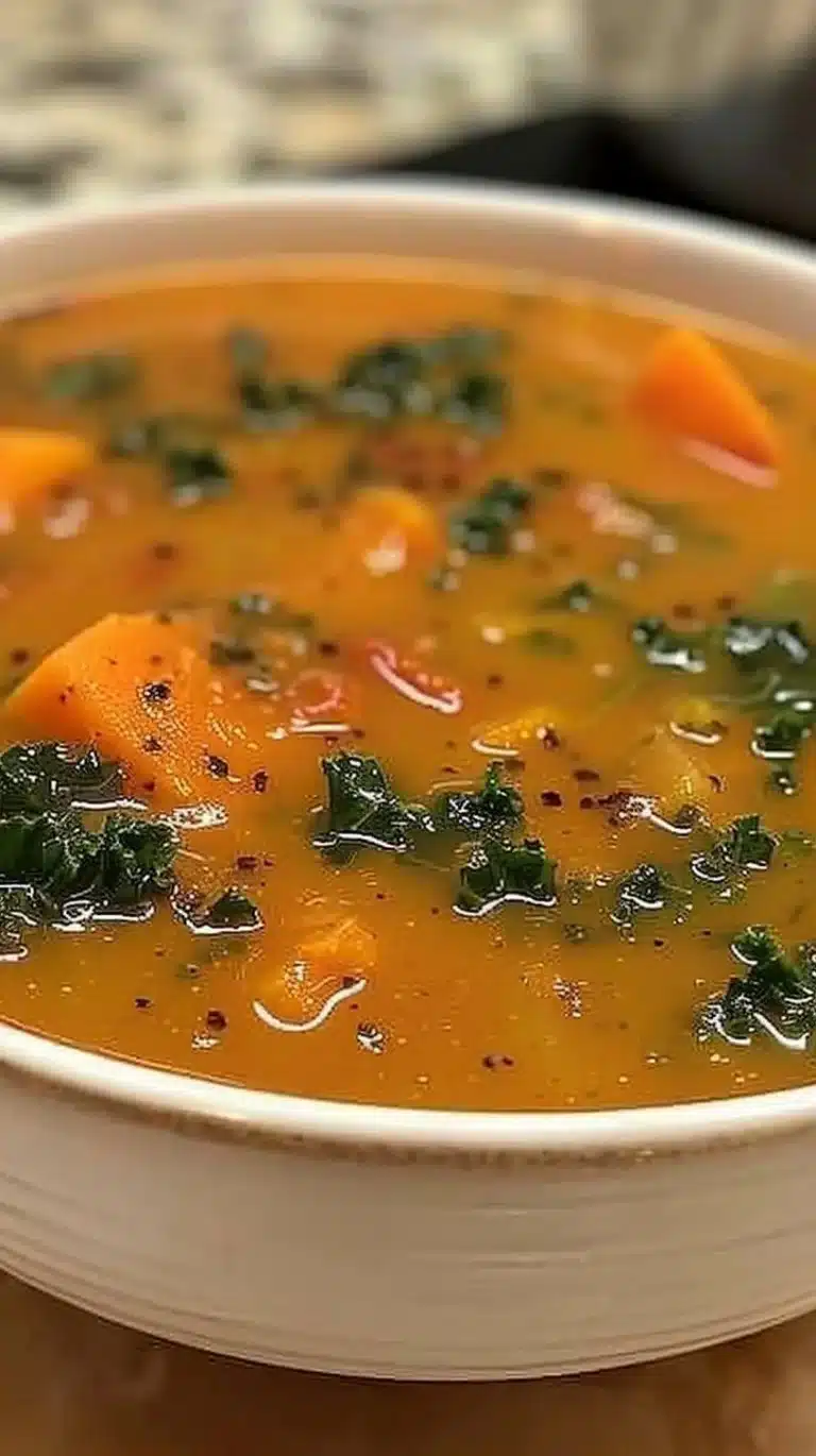 A bowl of sweet potato kale soup, garnished with herbs and spices.