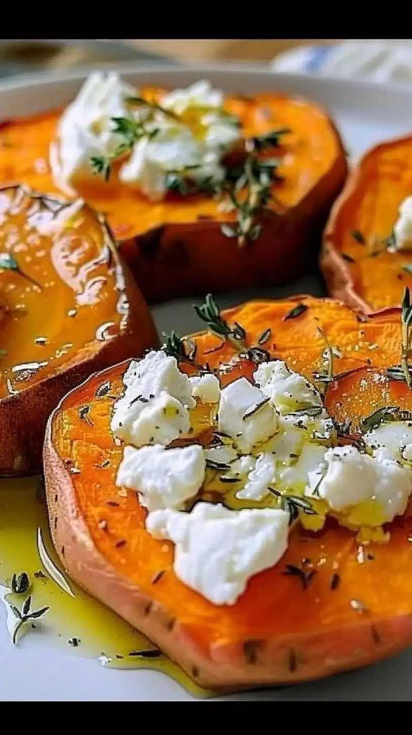 Delicious sweet potato rounds topped with goat cheese served as appetizers.