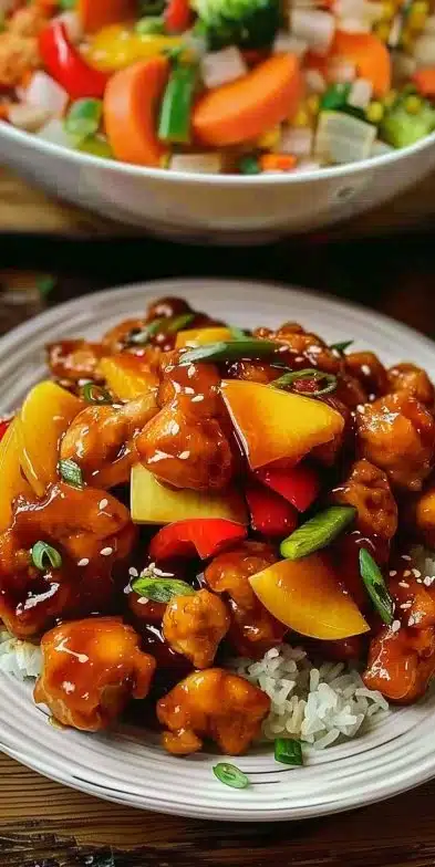 Delicious plate of Sweet & Sour Chicken garnished with colorful vegetables