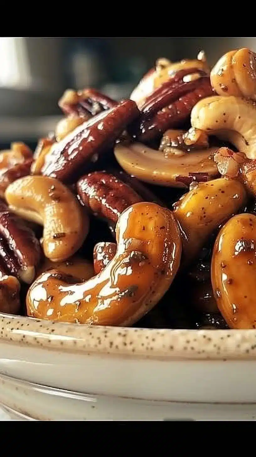 Bowl of sweet and spicy candied nuts, a tasty snack for any celebration.