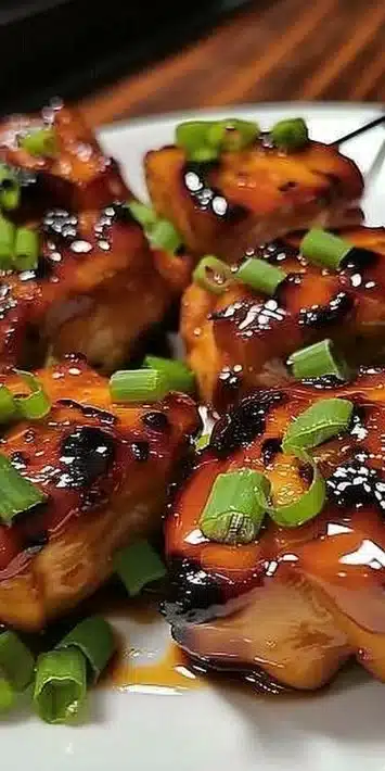 Deliciously grilled teriyaki chicken bites served on a plate.
