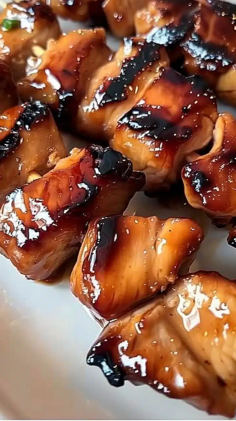 Delicious teriyaki chicken skewers served on a grill plate