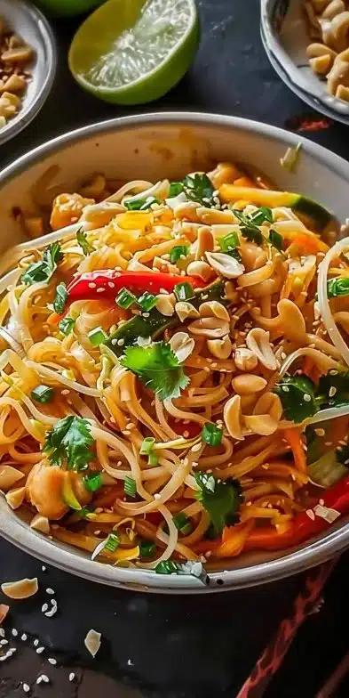 Bowl of delicious Thai Peanut Noodles garnished with vegetables and chopped peanuts.