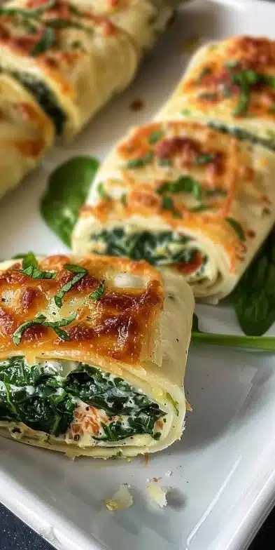 Delicious three-cheese spinach roll-ups on a plate, perfect for snacks.