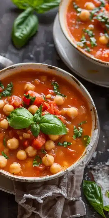 A comforting bowl of Tomato Basil Chickpea Soup garnished with fresh basil and spices.