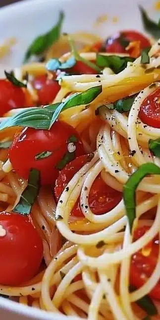 Plate of Tomato Basil Pasta garnished with fresh basil and tomatoes