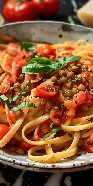 Bowl of Tomato Lentil Pasta garnished with fresh herbs and spices