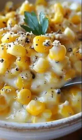Delicious Truffle Parmesan Creamed Corn served in a bowl at a dinner table.