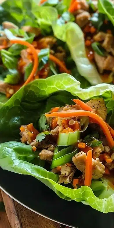 Tasty turkey lettuce wraps served with fresh vegetables and sauce