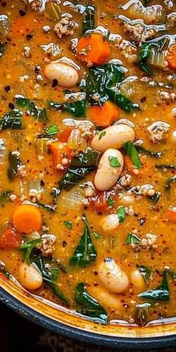 A bowl of Tuscan White Bean Soup garnished with herbs and garlic bread.