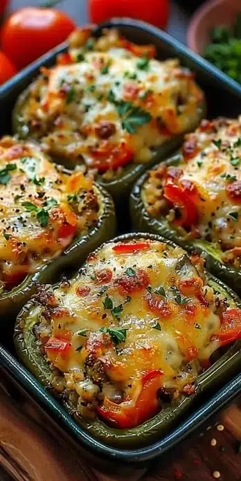 Colorful vegetarian stuffed bell peppers filled with grains and vegetables.