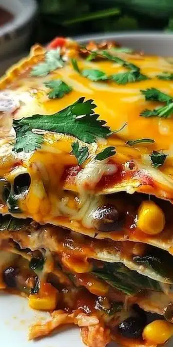 Delicious veggie enchilada casserole topped with fresh ingredients.