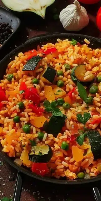 Bowl of colorful veggie paella with fresh vegetables and spices