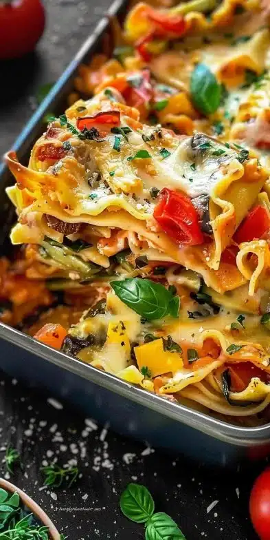 Delicious Veggie Pasta Bake with layered vegetables and cheese