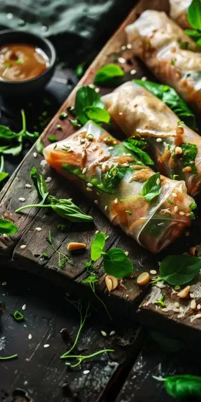 Homemade veggie spring rolls served with creamy peanut sauce