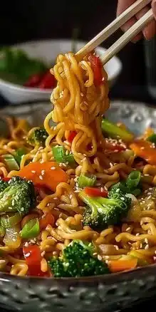 Colorful veggie stir-fry noodles with fresh vegetables and spices
