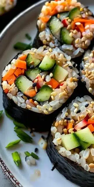 Colorful veggie sushi rolls made with brown rice and fresh vegetables