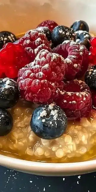 Bowl of warm millet porridge topped with fresh berries and nuts