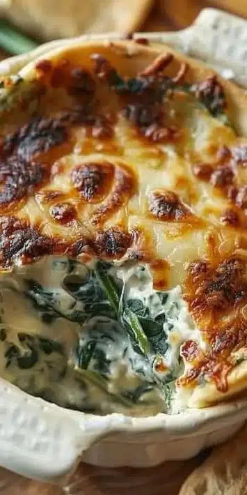 Warm spinach parmesan dip served in a bowl with crunchy vegetables for dipping.