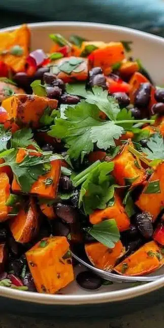 Warm sweet potato and black bean salad served in a vibrant bowl.