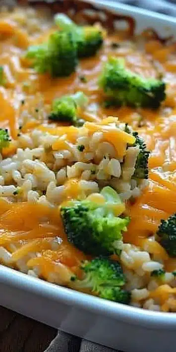 Delicious white cheddar broccoli rice casserole served in a rustic dish