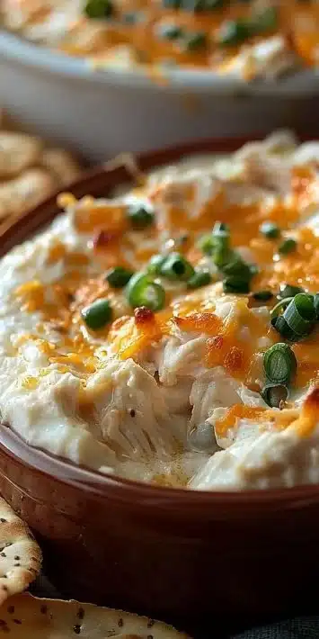 Delicious white chicken chili dip served in a bowl with tortilla chips