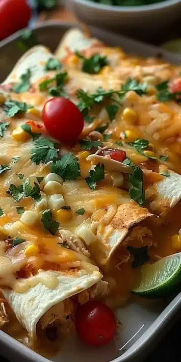 Delicious white chicken chili enchiladas topped with cheese and garnished.