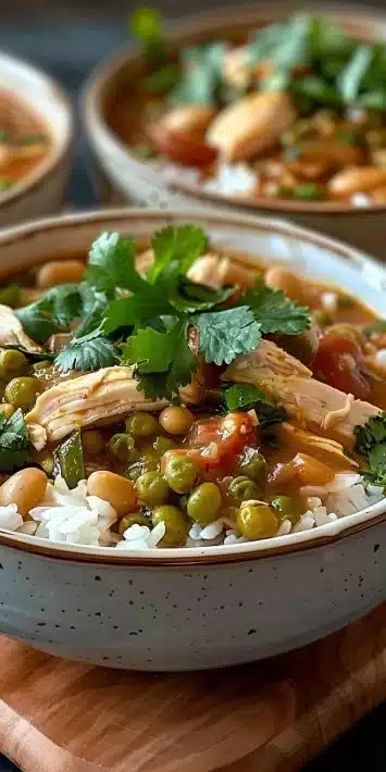 Delicious white chicken chili rice bowl topped with fresh herbs and spices