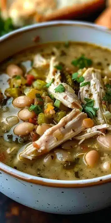 Delicious bowl of White Chicken Chili Verde garnished with cilantro