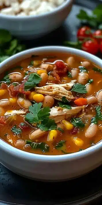 Bowl of white chicken chili with corn and lime garnished with cilantro