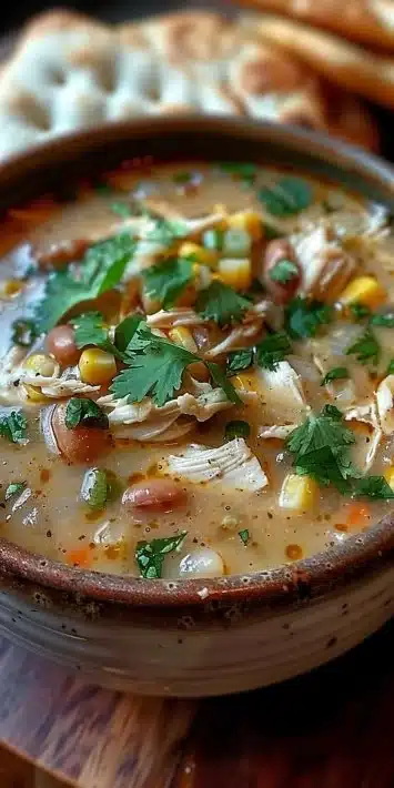 Bowl of white chicken chili with cream cheese garnished with cilantro