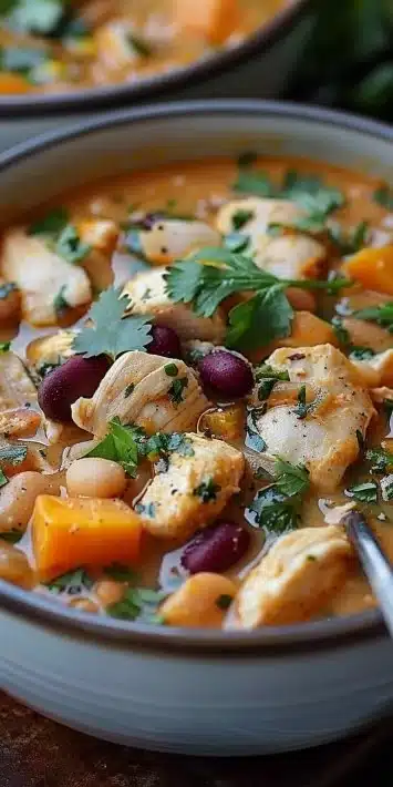 Delicious white chicken chili with sweet potatoes in a bowl