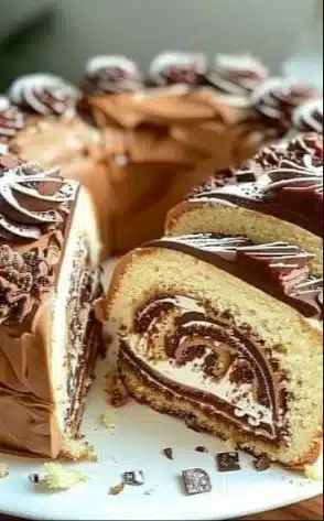 Delicious Yule log cake topped with chocolate frosting and festive decorations.