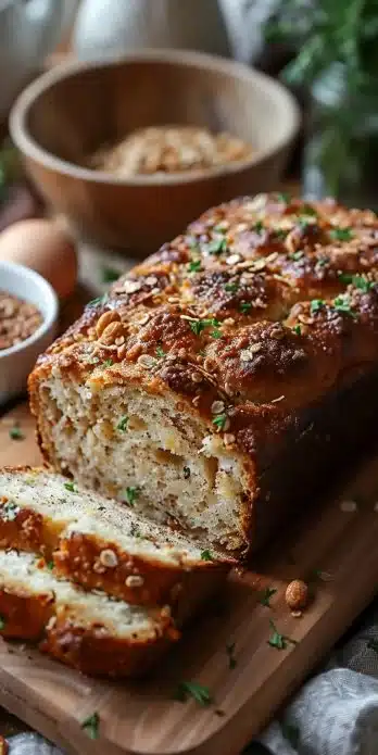 Loaf of zero carb yogurt bread on a cutting board with a slice cut out