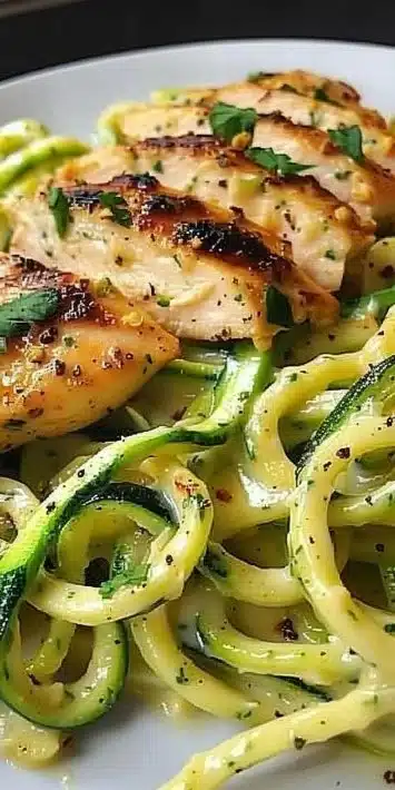 Zucchini Noodle Chicken Alfredo topped with chicken and creamy sauce