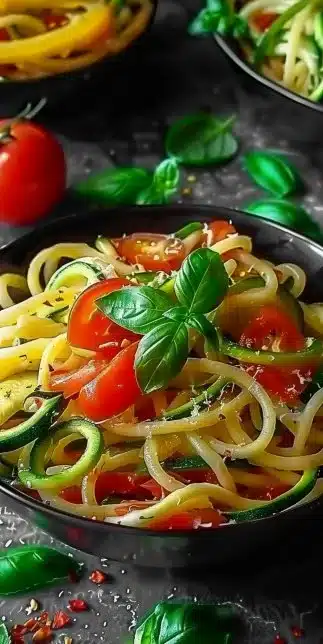 Plate of zucchini noodle vegetable pasta with fresh vegetables