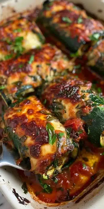 Delicious Zucchini Rollatini filled with cheese and herbs ready to serve.