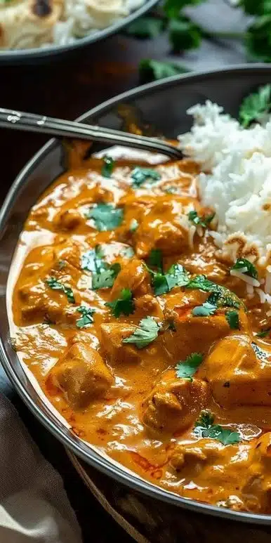 Quick stovetop butter chicken served with rice and naan on a dining table.