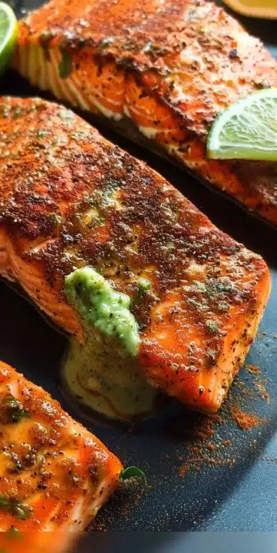 Baked Cajun Salmon with a creamy avocado sauce drizzled on top
