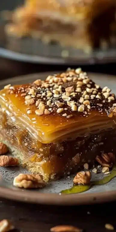 Delicious homemade Baklava Cake with layers of pastry, nuts, and syrup.