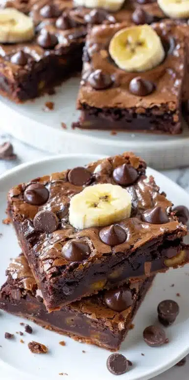 Delicious banana bread brownie bars drizzled with chocolate