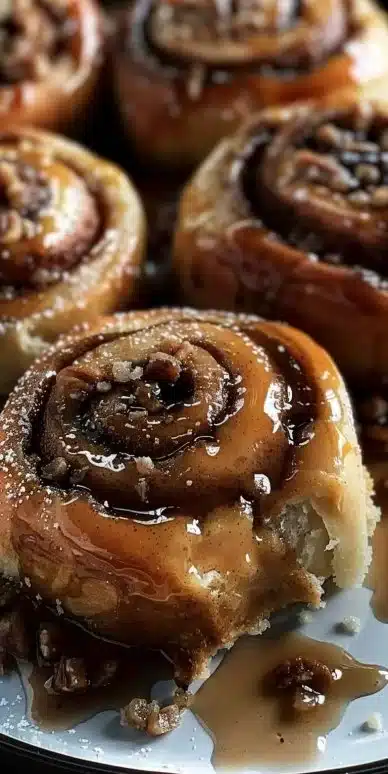 Homemade banana bread cinnamon rolls topped with cream cheese glaze.