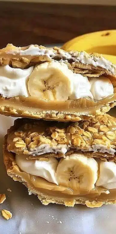 Delicious Banana Oatmeal Cream Pies stacked high on a plate with cream filling.