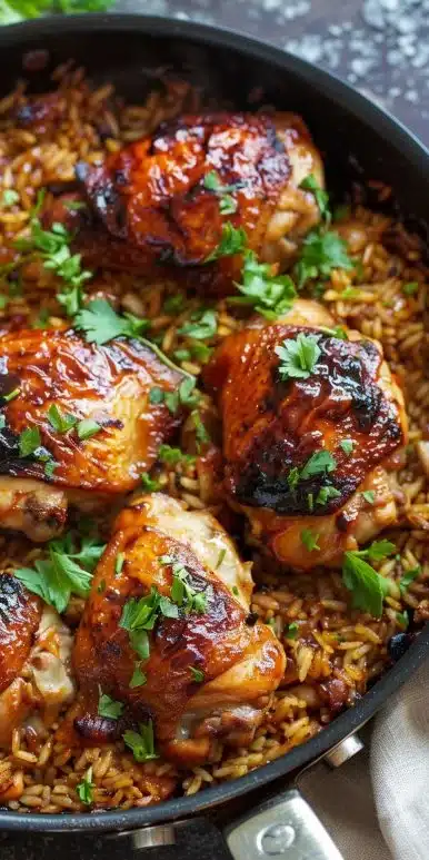 Delicious BBQ chicken and rice cooked in one pan for a comforting meal.