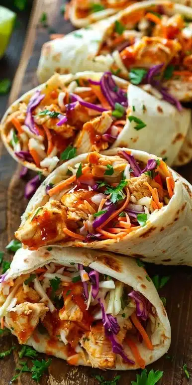 BBQ Chicken Wraps with coleslaw ready to serve