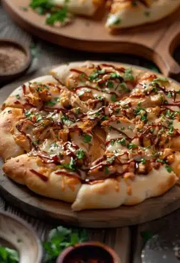 BBQ Chicken Flatbread Pizza topped with chicken, BBQ sauce, and cheese