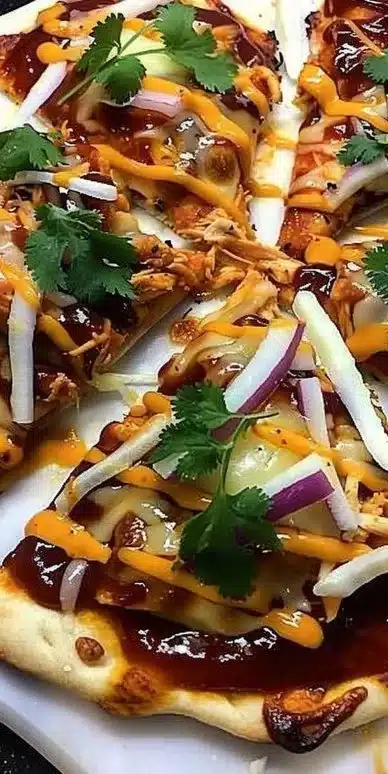 BBQ Chicken Flatbread Pizza topped with delicious ingredients