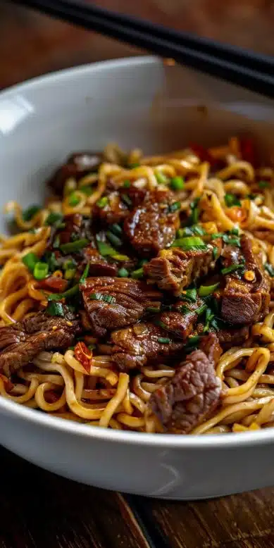 A bowl of savory beef noodles garnished with green onions and herbs.